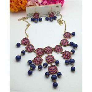 Gold Tone Rolo Chain Necklace Blue Red Chevron Bead Waterfall Bib 26” w/ Earring